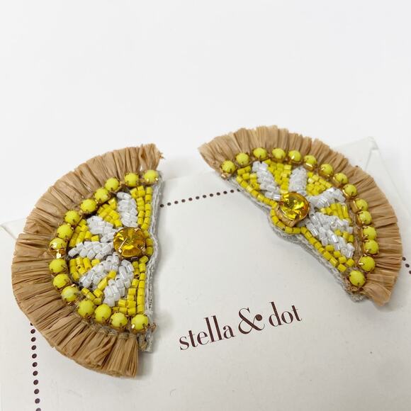 Half Circle Beaded Tassel Fringe Dangle Earrings IRaffia White Yellow - Picture 1 of 7